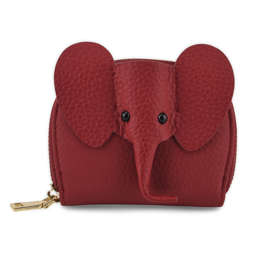 Genuine Leather Elephant RFID Zip Around Card Holder Wallet - Burgundy_8529499