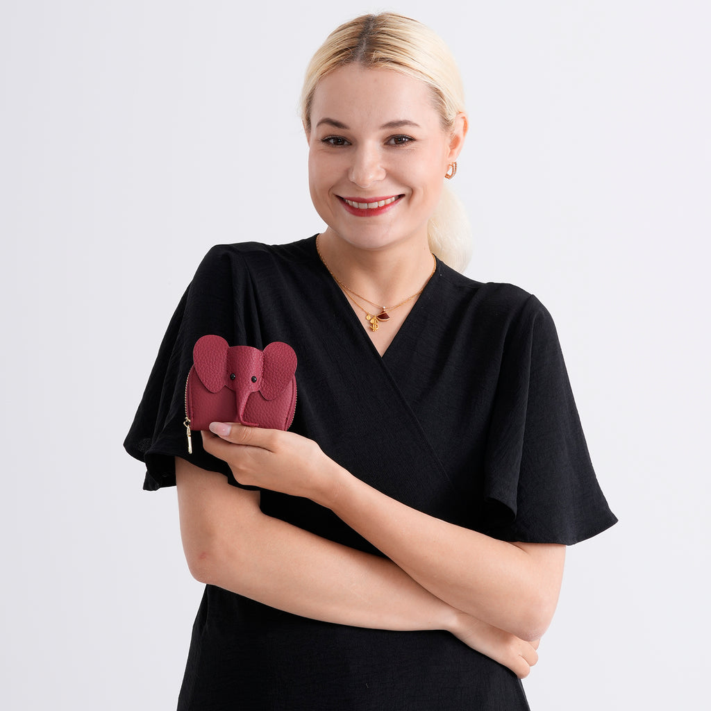 Genuine Leather Elephant RFID Zip Around Card Holder Wallet - Burgundy_8529499_2