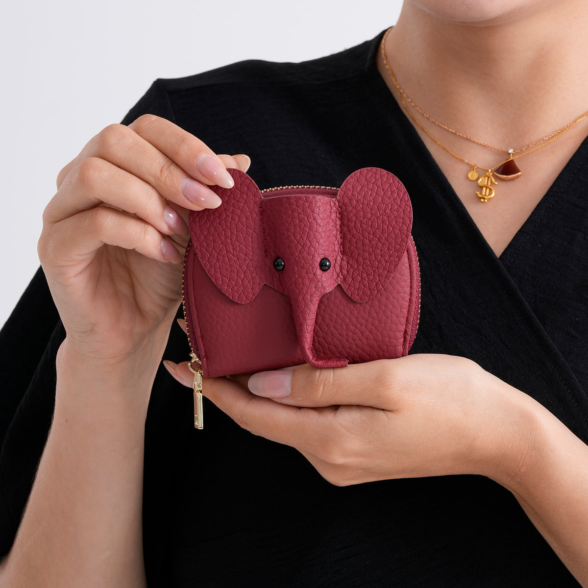 Genuine Leather Elephant RFID Zip Around Card Holder Wallet - Burgundy V32518378 4