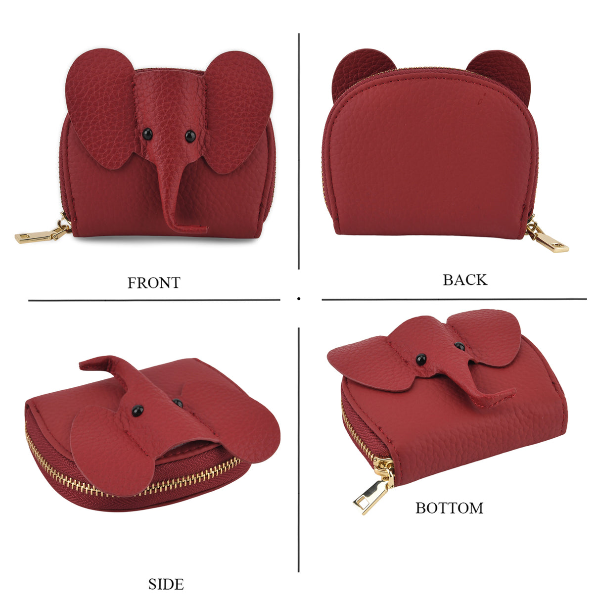 Genuine Leather Elephant RFID Zip Around Card Holder Wallet - Burgundy V32518378 5