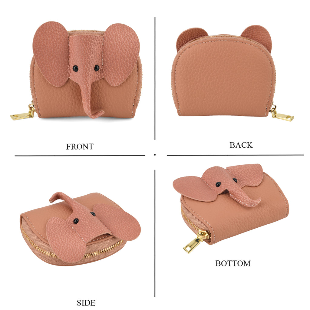Genuine Leather Elephant RFID Zip Around Card Holder Wallet - Pink_8529500_4