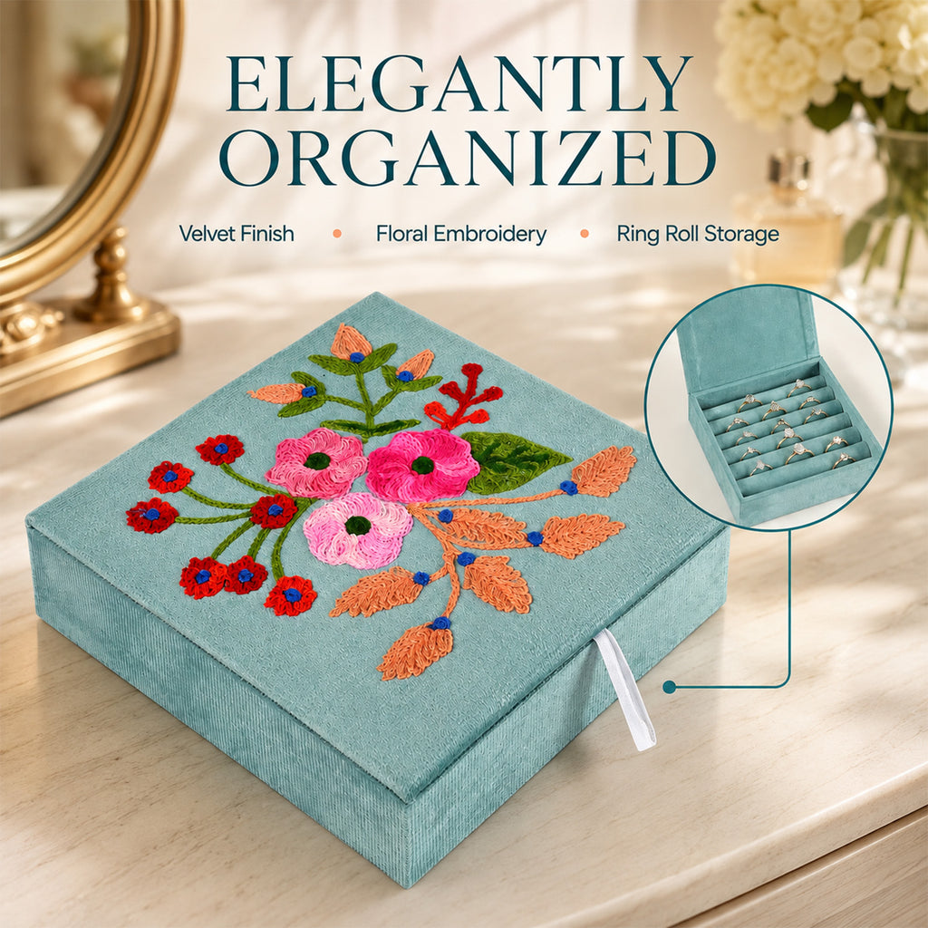 LIVMORE Embroidery Jewellery Box (Size 20x20x1 cm) - Turquoise_8529501_2