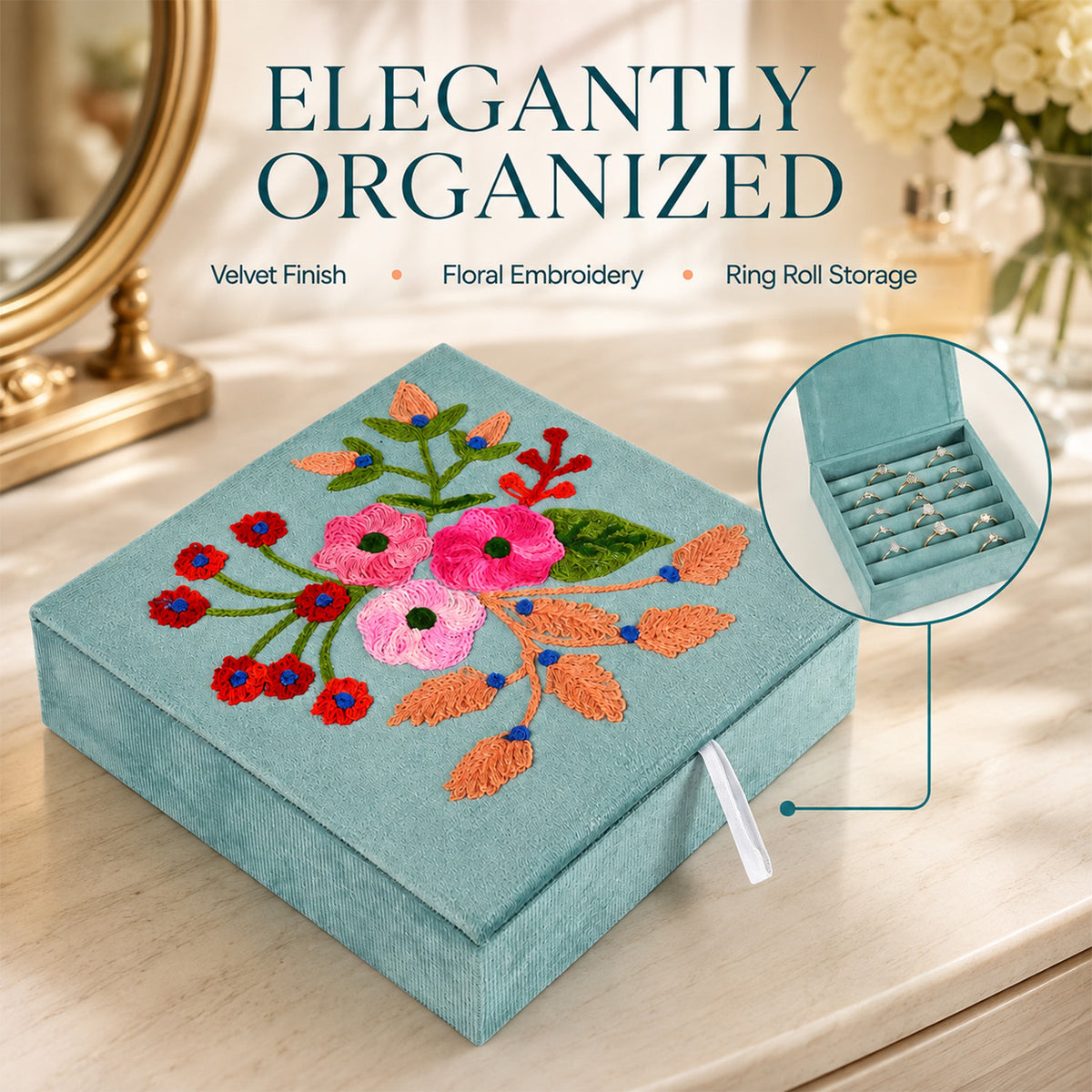 LIVMORE Embroidery Jewellery Box (Size 20x20x1 cm) - Turquoise 8529501 2