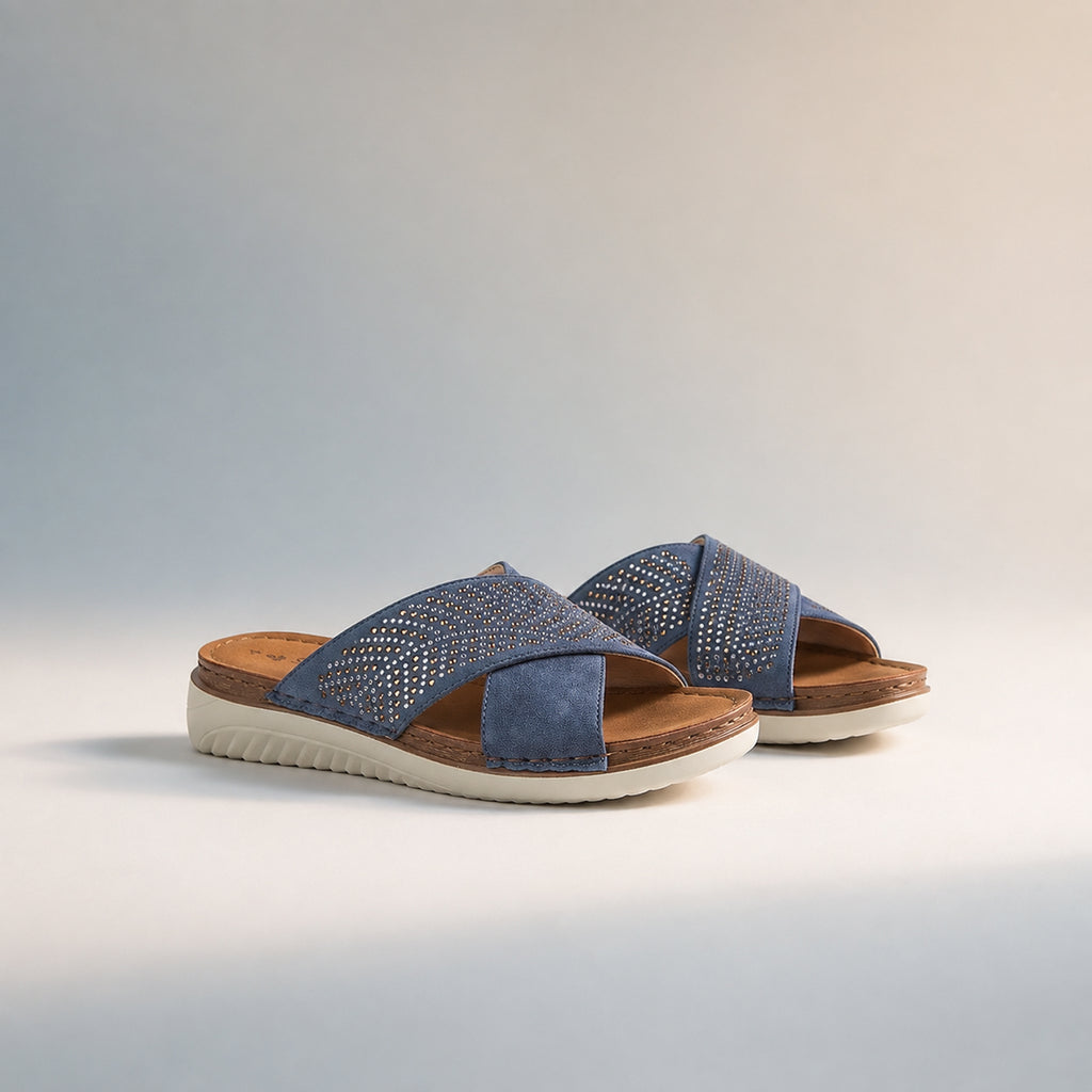 Shoetree Comfort Wisteria Ladies Lightweight Cross Over Mule With Diamante Trim And  Flexible Outsole (Size 5) - Navy_8530106