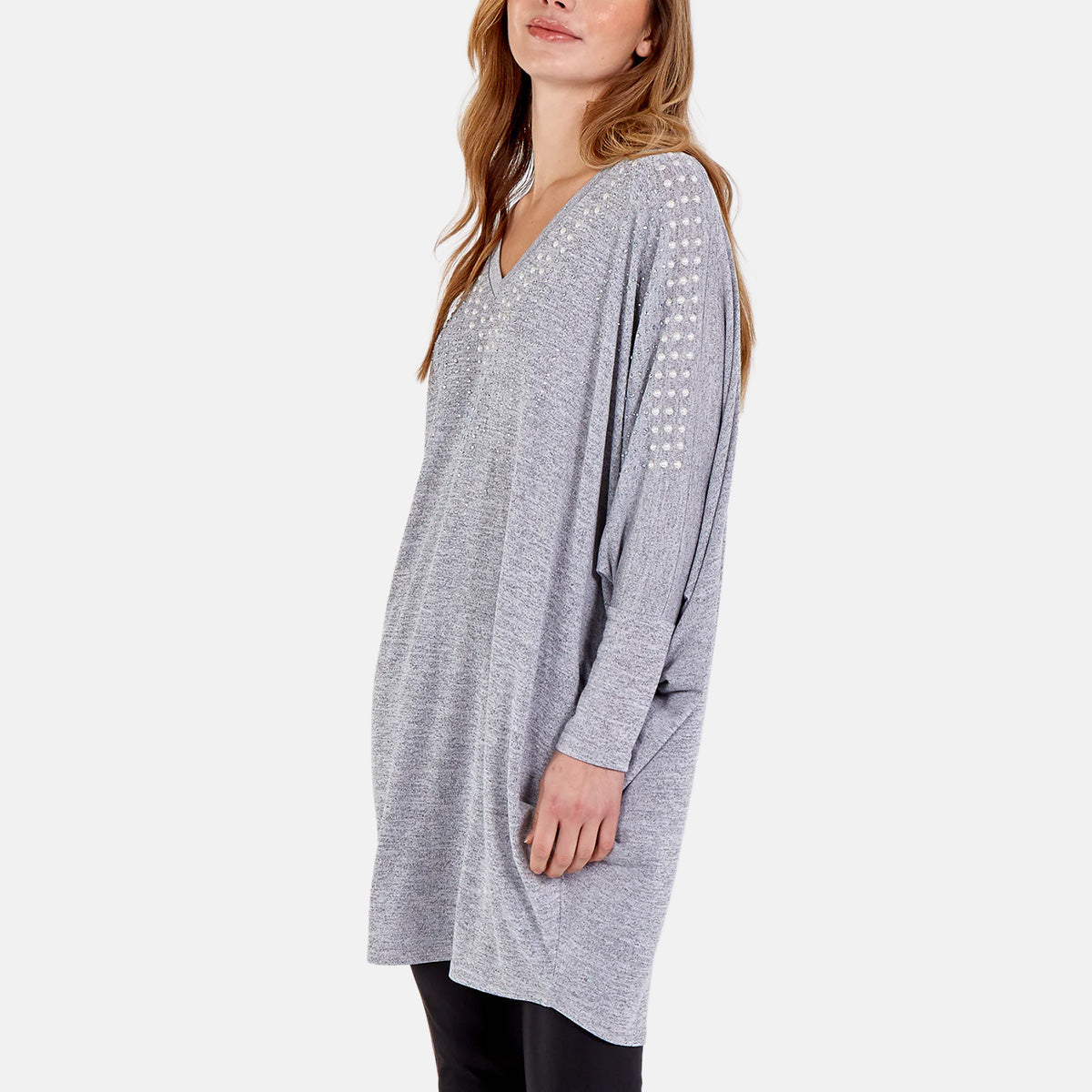 Qed London Pearl Embellished Oversize Batwing Top (Size 8 to 16) - Grey V32516752 0