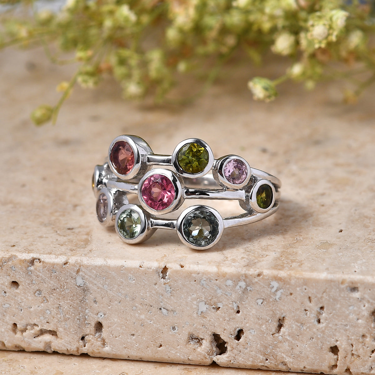 LIVE FROM BRAZIL SPECIAL - Multi-Tourmaline Bubble Ring in Rhodium Overlay Sterling Silver 1.73 Ct. V32516240 3