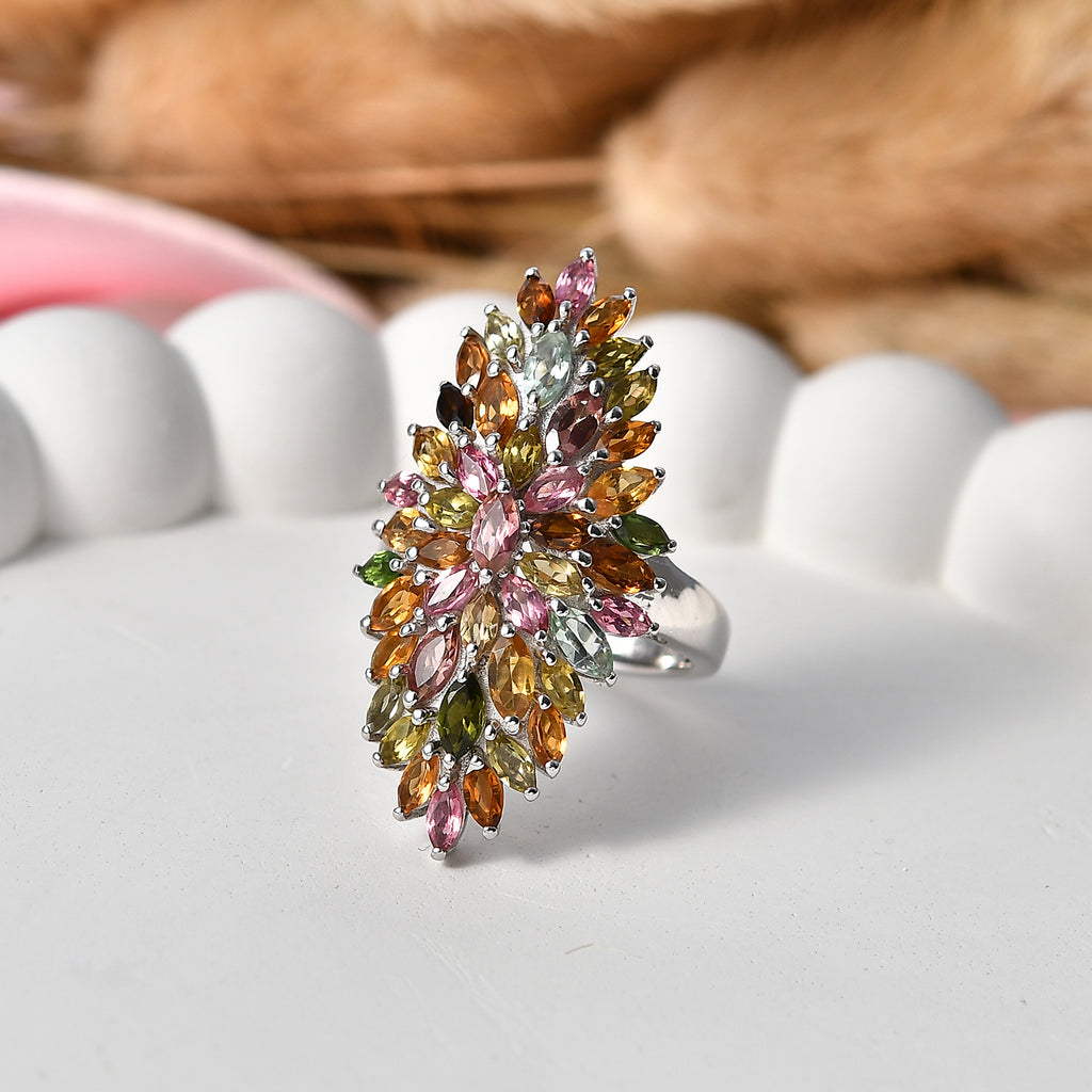 D'Joy Multi-Tourmaline Floral Cluster Ring in Rhodium Overlay Sterling Silver 4.28 Ct._8531440_2