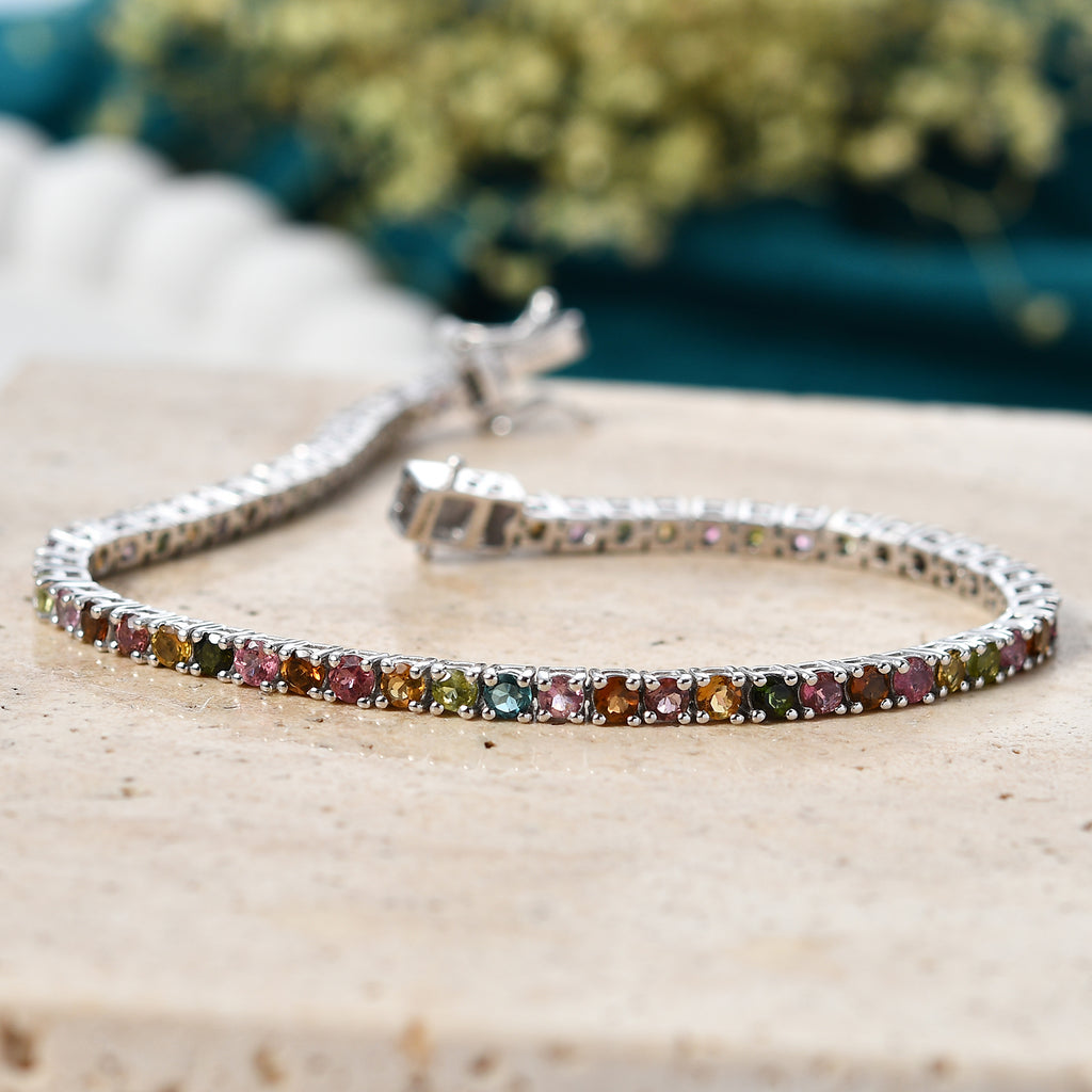 D'Joy - Multi-Tourmaline Tennis Bracelet (Size - 7) with GB Lock Box in Rhodium Overlay Sterling Silver 6.33 Ct, Silver Wt. 10.15 Gms_8531448_2