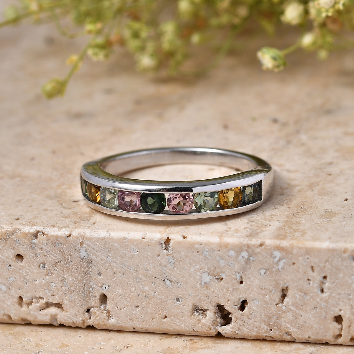 D'Joy - Multi-Tourmaline Half Eternity Band Ring in Platinum Overlay Sterling Silver 1.00 Ct. V32555243 3