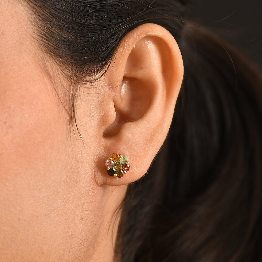 D'Joy - Multi-Tourmaline Floral Earring with Push Post in Yellow Gold Plated Sterling Silver 1.75 Ct._8531565_1