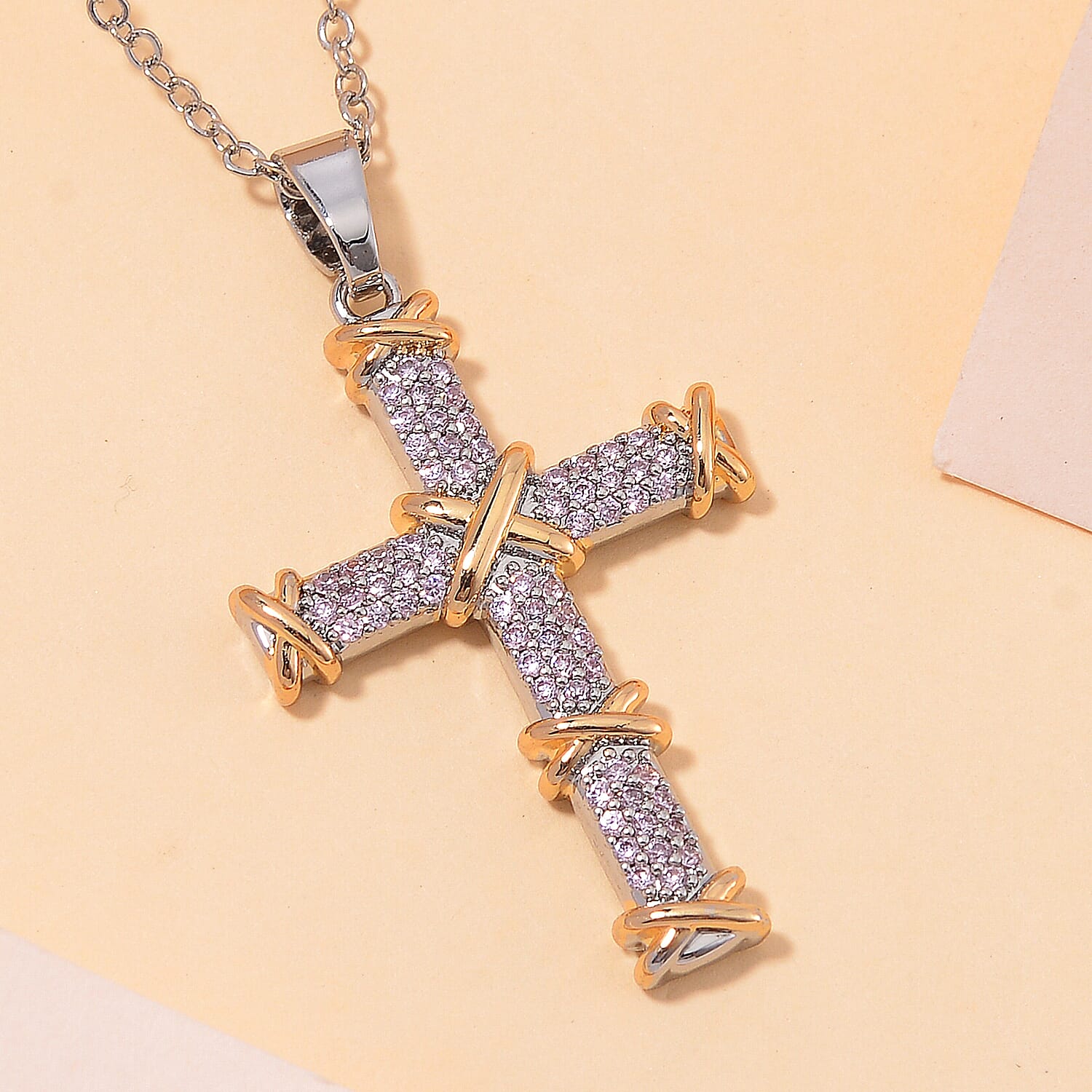 Pink Cubic Zirconia Criss Cross Pendant with Chain (Size - 20+2 Inch Ext) V32530007 3