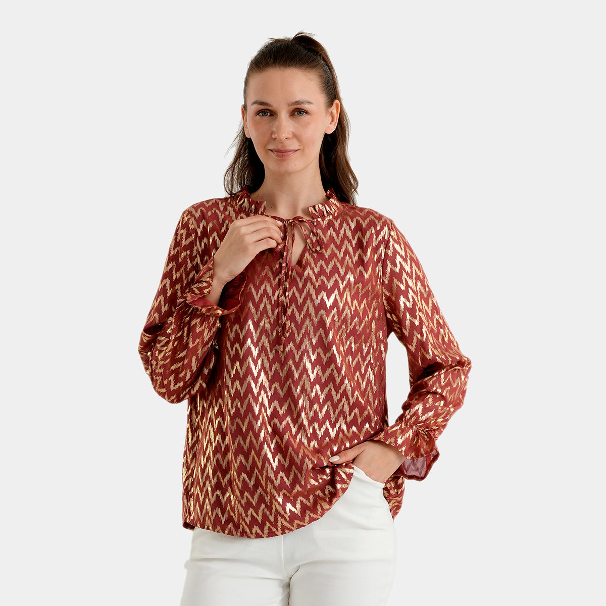 La Marey V-Neck Wave Print Blouse (Size XL, 20-22) - Red &amp; Golden 8531672 0