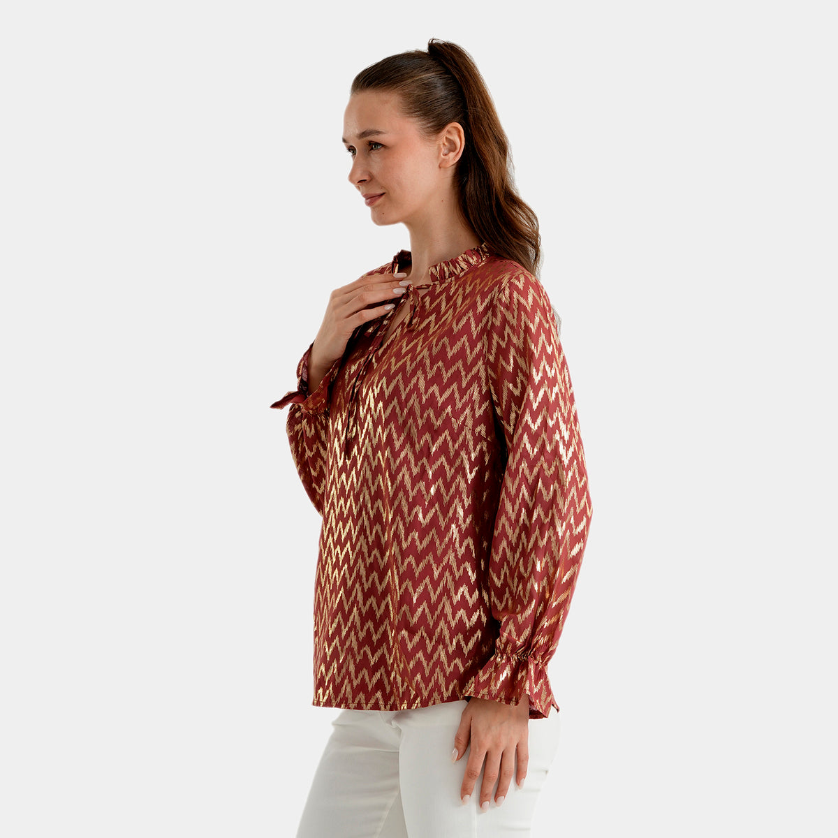 La Marey V-Neck Wave Print Blouse (Size XL, 20-22) - Red &amp; Golden 8531672 2