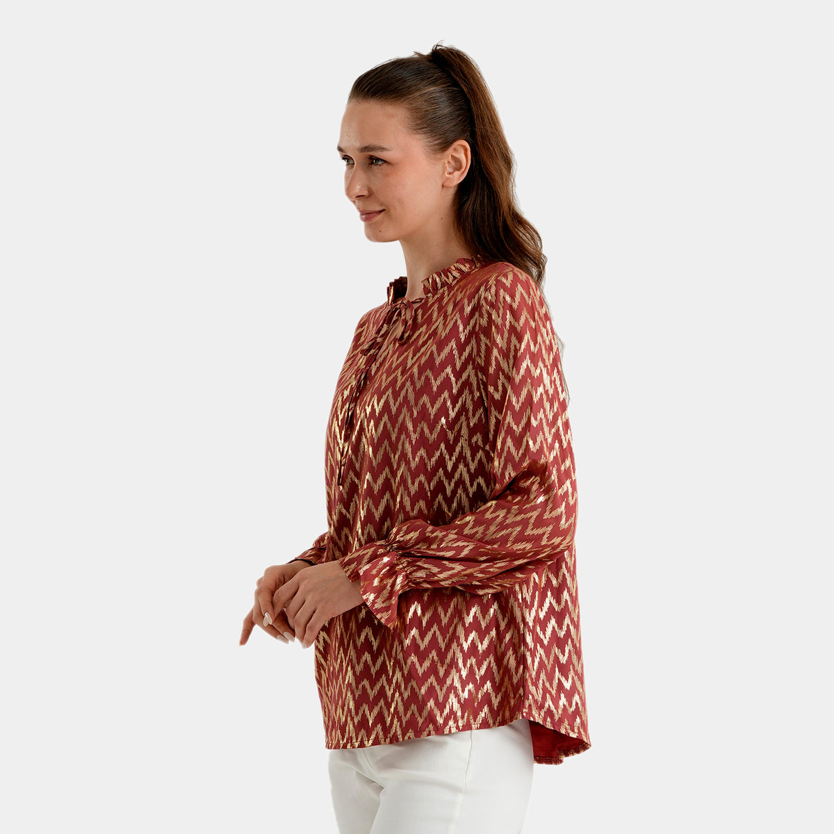 La Marey V-Neck Wave Print Blouse (Size XL, 20-22) - Red &amp; Golden 8531672 3