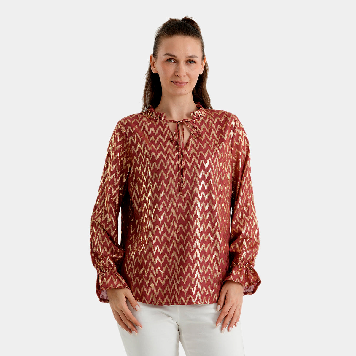 La Marey V-Neck Wave Print Blouse (Size XL, 20-22) - Red &amp; Golden 8531672 4