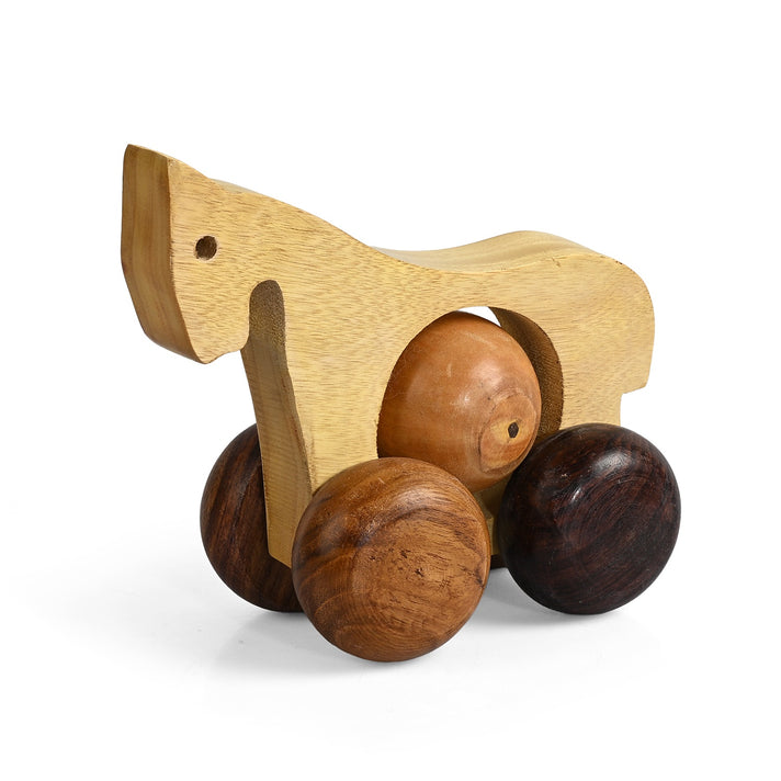 Livmore Handcrafted Wooden Horse Rolling Toy with Wheels (12 x 11 x 8 cm) - Light Beige &amp; Brown 8531843 1