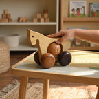 Livmore Handcrafted Wooden Horse Rolling Toy with Wheels (12 x 11 x 8 cm) - Light Beige & Brown_8531843_1