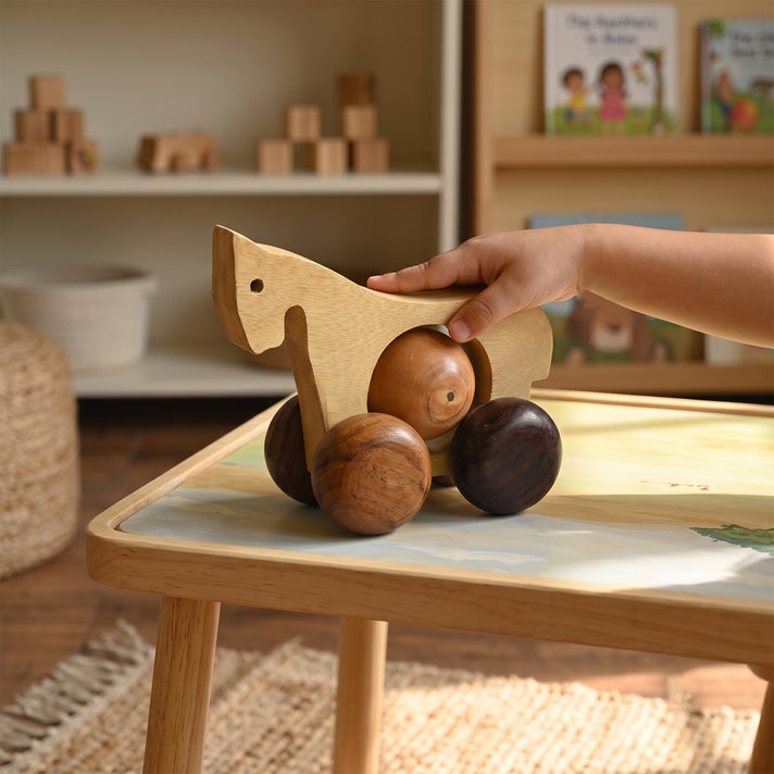 Livmore Handcrafted Wooden Horse Rolling Toy with Wheels (12 x 11 x 8 cm) - Light Beige &amp; Brown 8531843 2