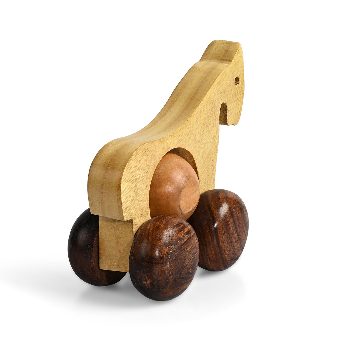 Livmore Handcrafted Wooden Horse Rolling Toy with Wheels (12 x 11 x 8 cm) - Light Beige &amp; Brown V32639494 4