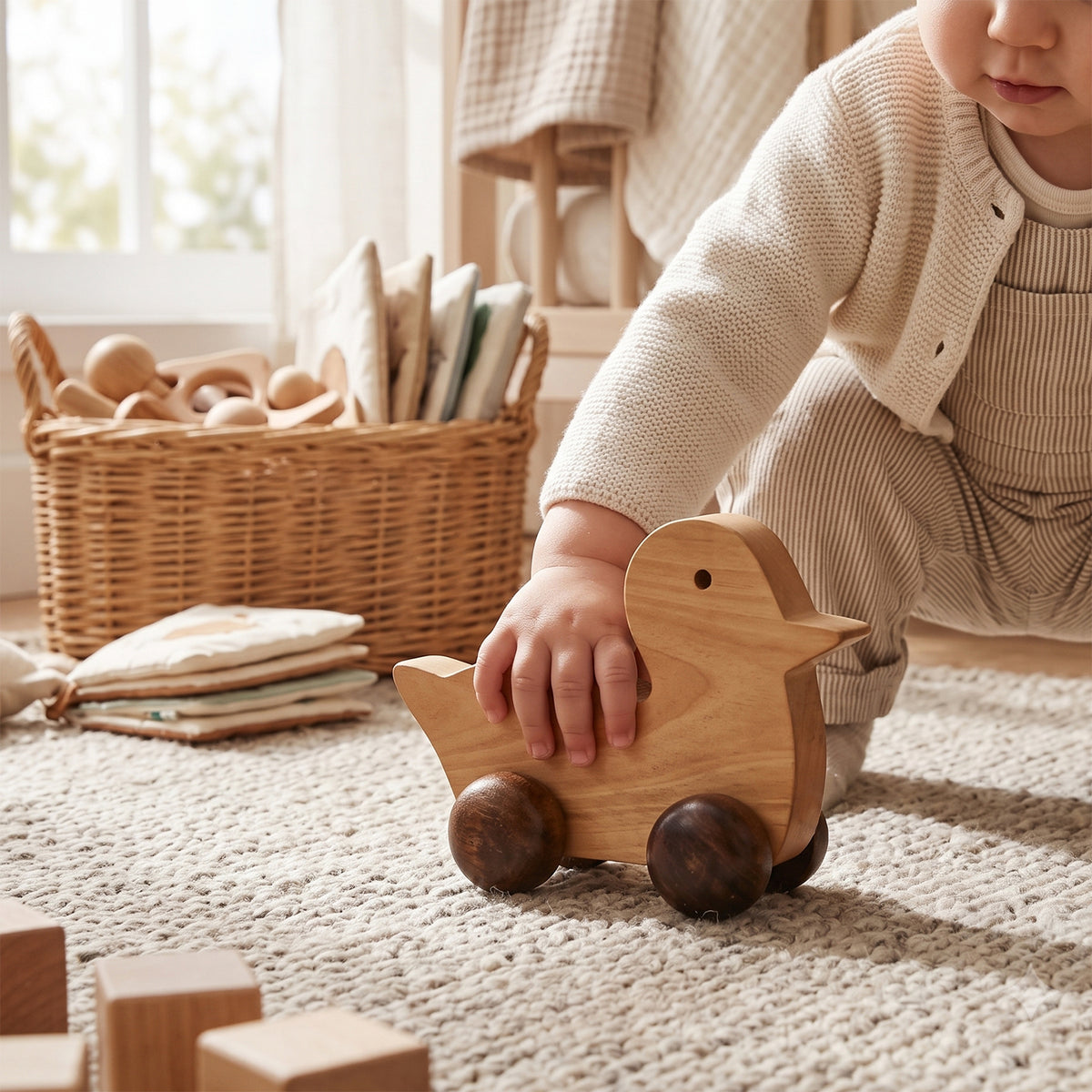 Livmore Handcrafted Wooden Duck Rolling Toy with Wheels (12 x 10 x 8 cm) - Brown V32746554 2