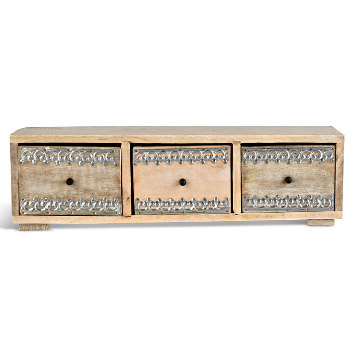 Rustic Hand Carved Wooden 3-Drawer Storage Chest with Oxidised Silver Embossed Detail (45.5 x 10.5 x 12cm) - Wood Brown &amp; Silver 8531877 1