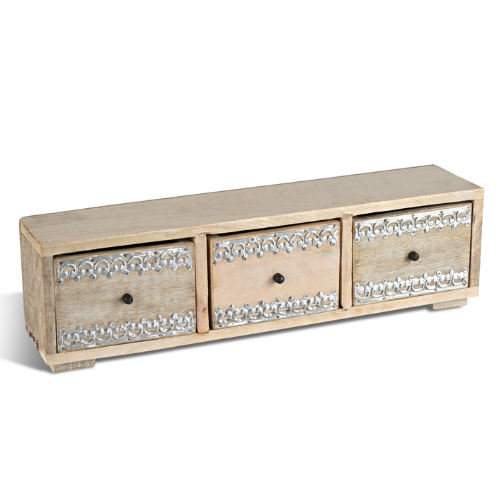 Rustic Hand Carved Wooden 3-Drawer Storage Chest with Oxidised Silver Embossed Detail (45.5 x 10.5 x 12cm) - Wood Brown &amp; Silver 8531877 2