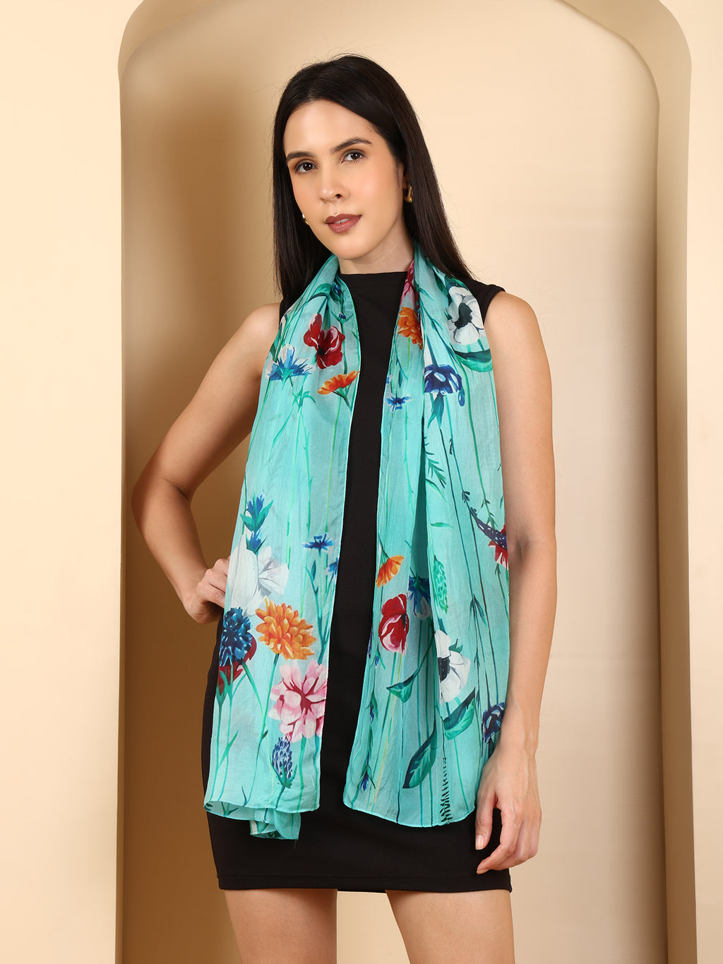 100% Mulberry Silk Signature Printed Silk Scarf (Size 50 x 175 m) - Aqua_8532706_1