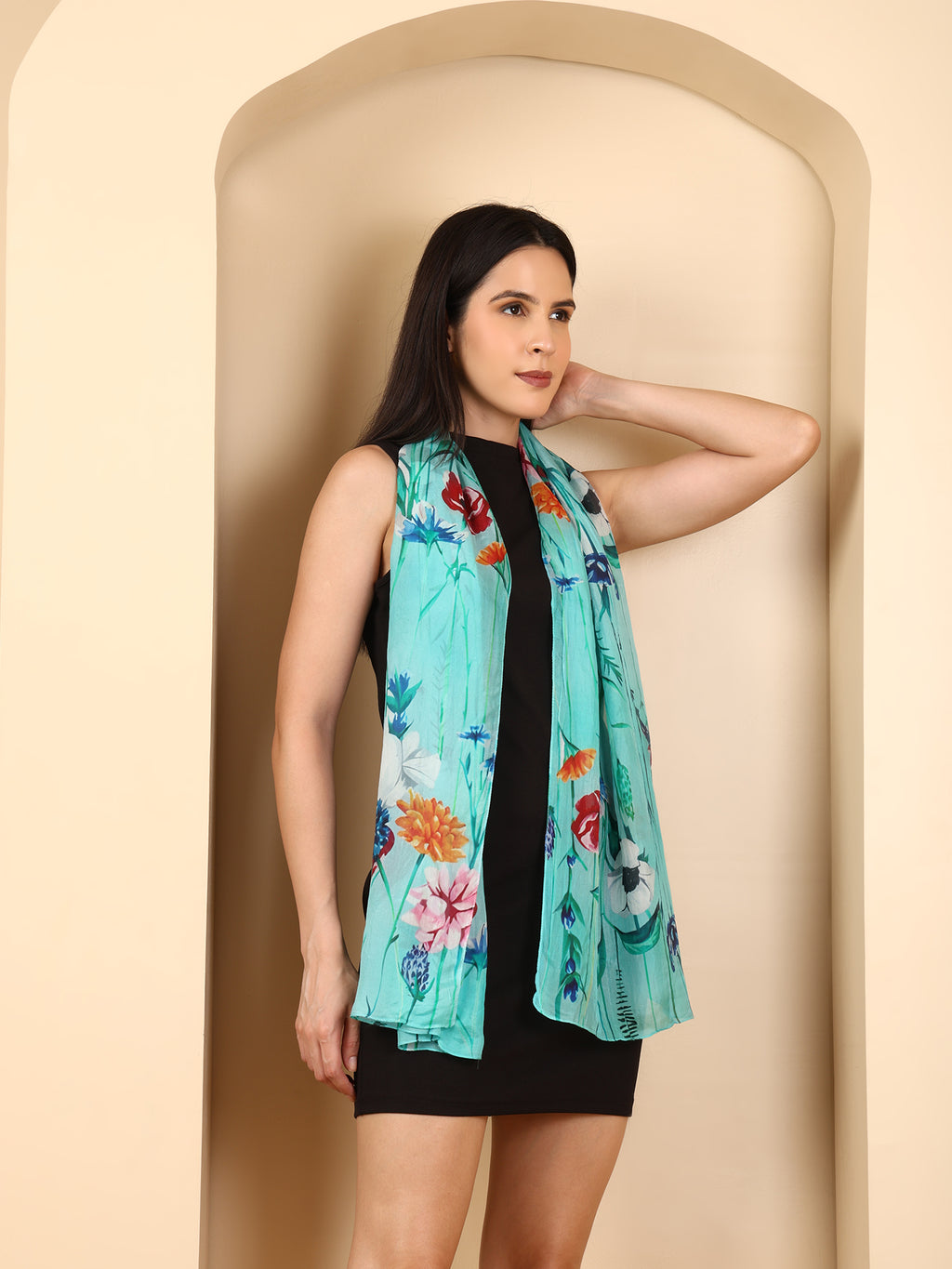 100% Mulberry Silk Signature Printed Silk Scarf (Size 50 x 175 m) - Aqua_8532706_3