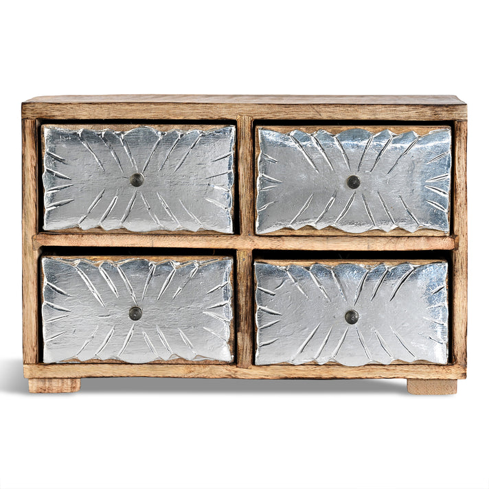 Rustic Hand Carved Wooden 4-Drawer Storage Chest with Oxidised Silver Embossed Detail (30 x 10 x 20 cm) - Brown &amp; Silver 8532908 1