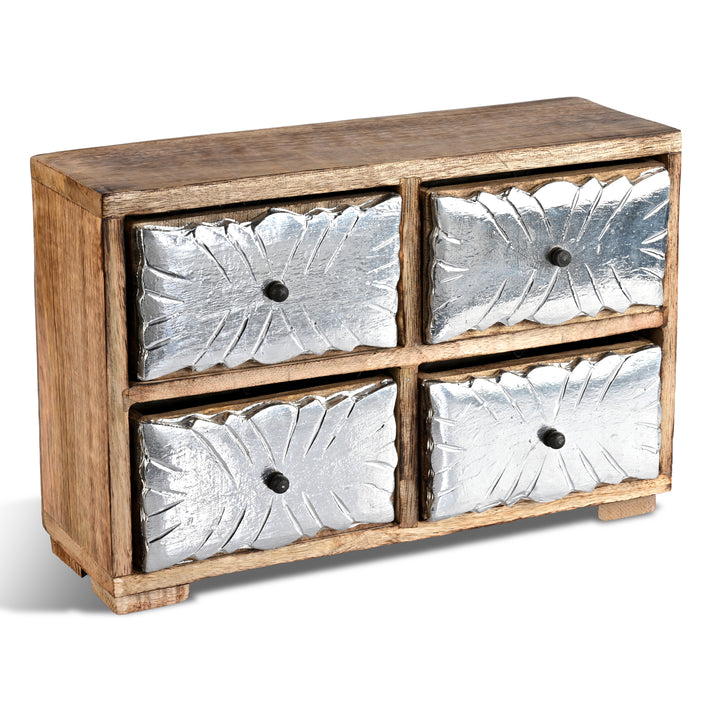 Rustic Hand Carved Wooden 4-Drawer Storage Chest with Oxidised Silver Embossed Detail (30 x 10 x 20 cm) - Brown &amp; Silver 8532908 2