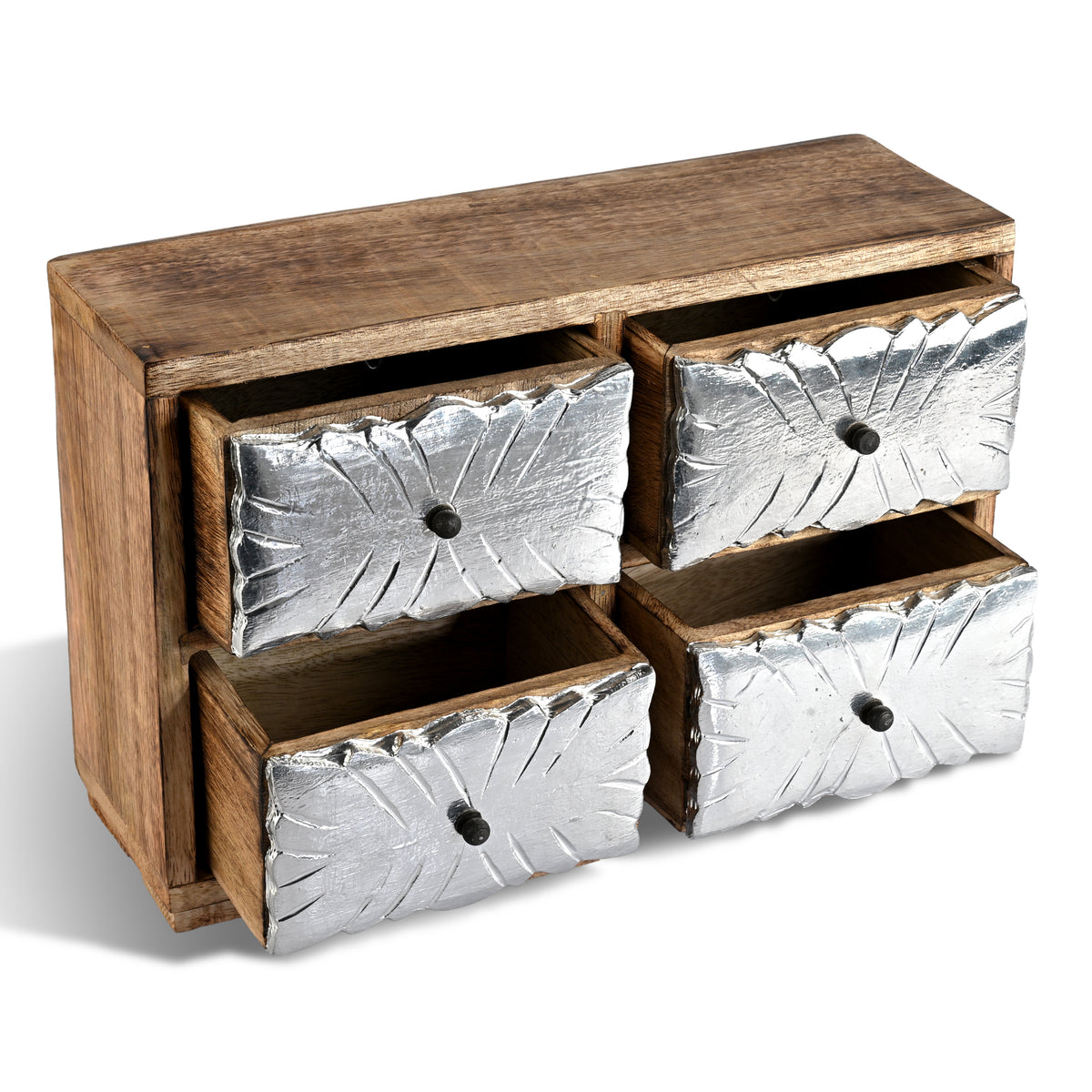 Rustic Hand Carved Wooden 4-Drawer Storage Chest with Oxidised Silver Embossed Detail (30 x 10 x 20 cm) - Brown &amp; Silver 8532908 3