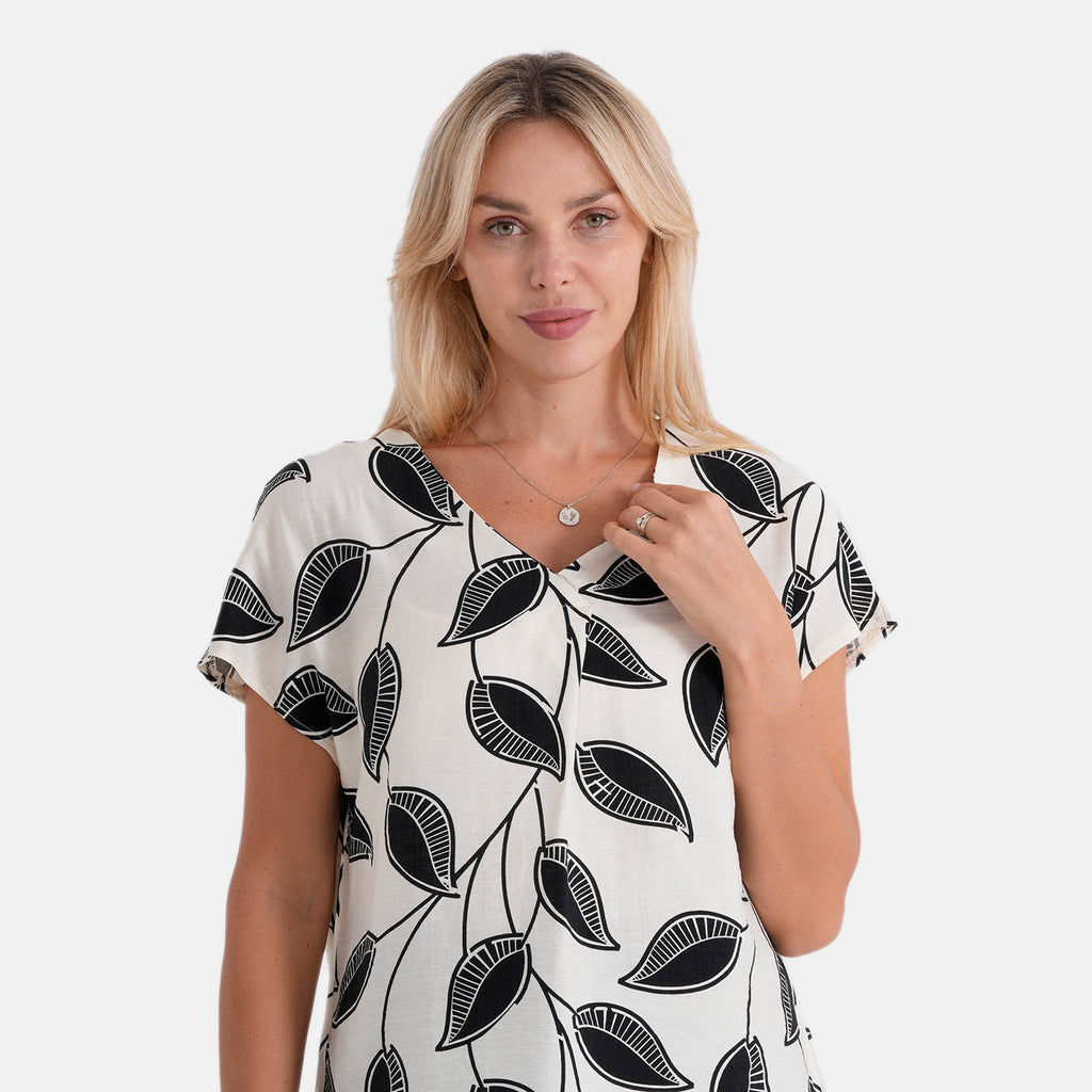 La Marey Abstract V-Neck Blouse (Size M, 12-14) - Beige & Black Leaf_8534149_4