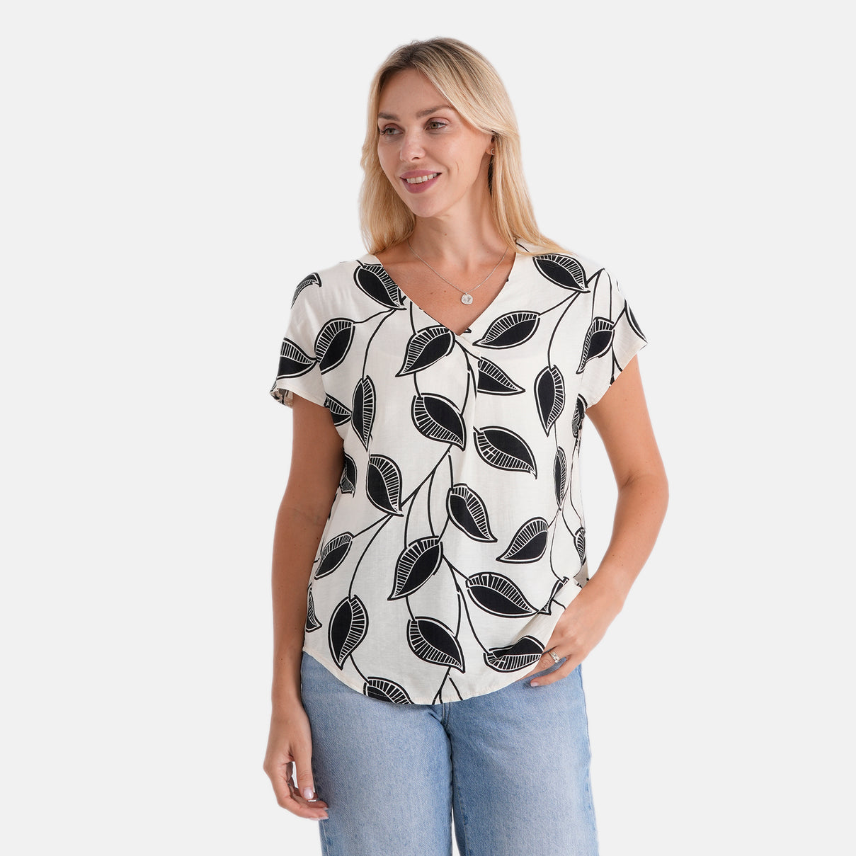 La Marey Abstract V-Neck Blouse (Size XL, 20-22) - Beige &amp; Black Leaf 8534151 0
