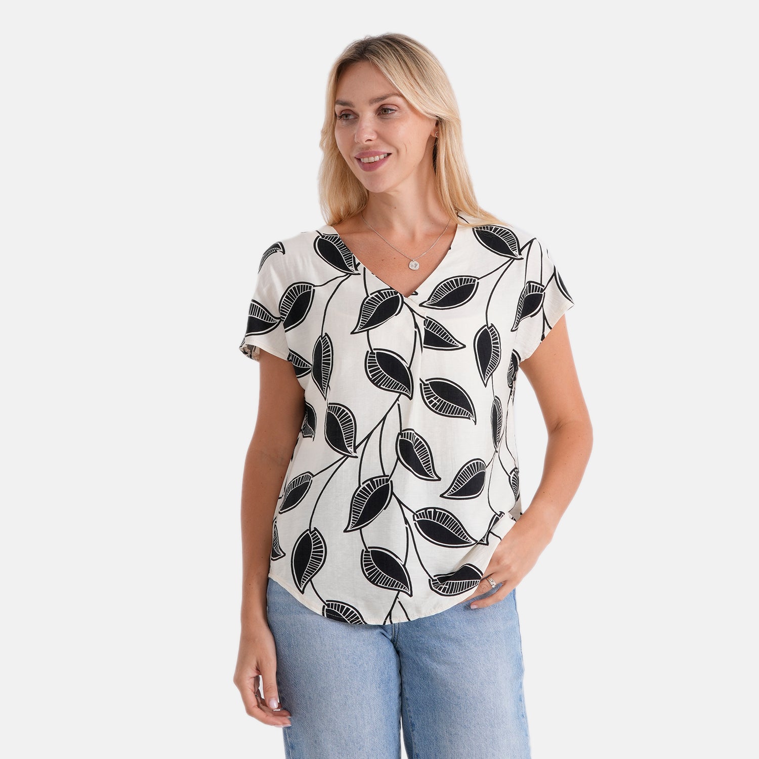 La Marey Abstract V-Neck Blouse (Size XL, 20-22) - Beige &amp; Black Leaf 8534151 0