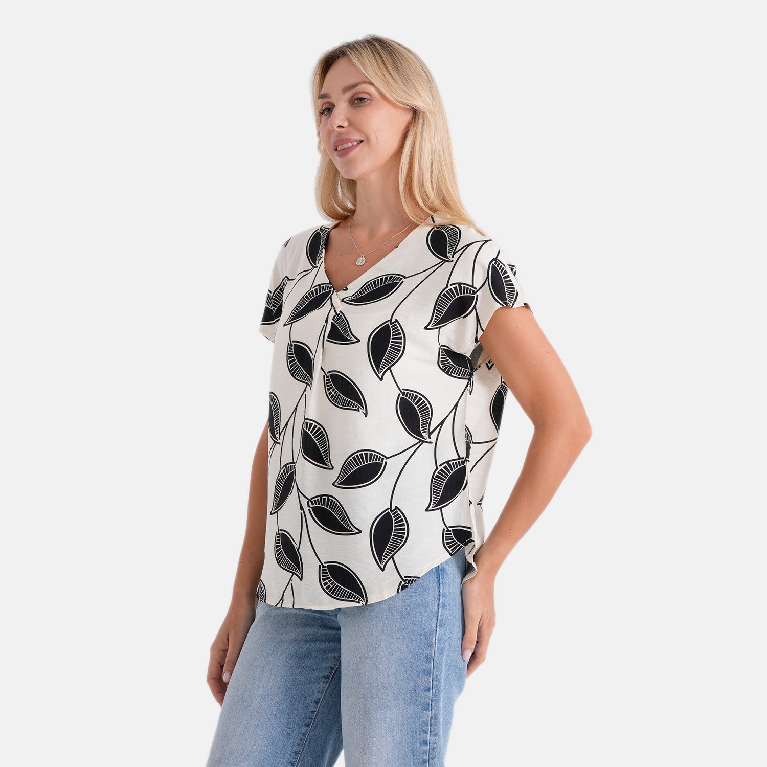 La Marey Abstract V-Neck Blouse (Size XL, 20-22) - Beige &amp; Black Leaf 8534151 3