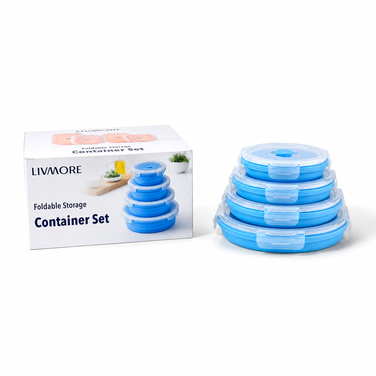 LIVMORE Set of 4 Food-Grade Silicone Collapsible Bowls (350ml-1200ml) - Microwave, Freezer &amp; Dishwasher Safe Stackable Meal Prep Containers - Blue. V32645646 8
