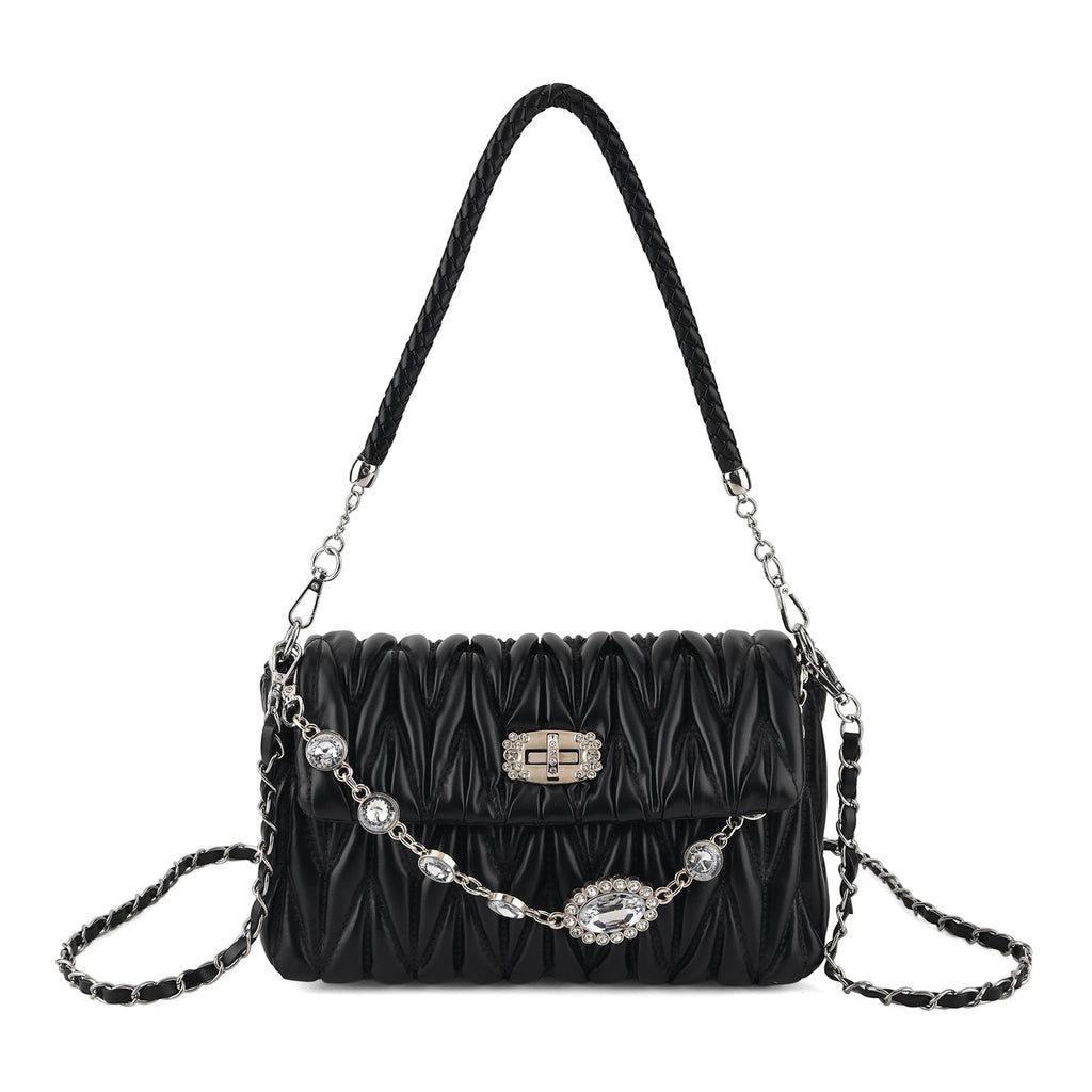 Women's Ruched-Gathered Texture Shoulder Bag with Chain Detail - Black_8535726
