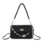 Women's Ruched-Gathered Texture Shoulder Bag with Chain Detail - Black_8535726