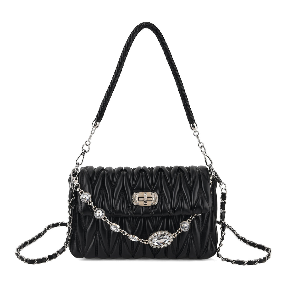 Women's Ruched-Gathered Texture Shoulder Bag with Chain Detail - Black 8535726 0