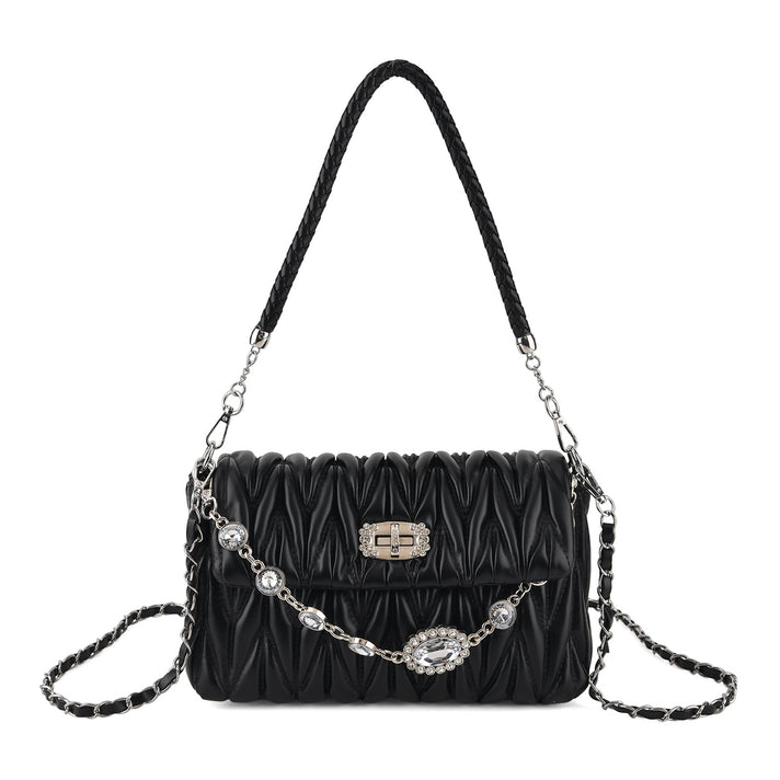 Women's Ruched-Gathered Texture Shoulder Bag with Chain Detail - Black 8535726 1