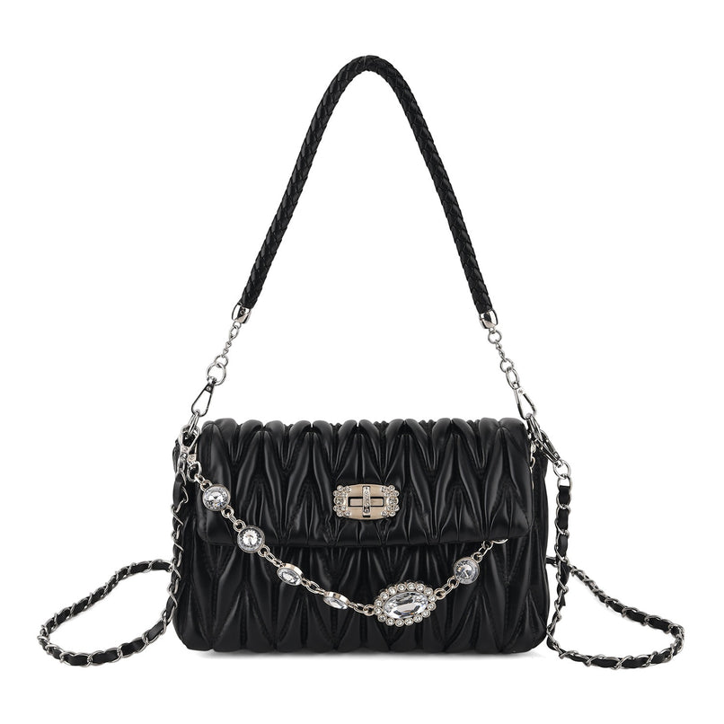 Women's Ruched-Gathered Texture Shoulder Bag with Chain Detail - Black_8535726