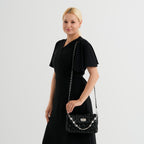 Women's Ruched-Gathered Texture Shoulder Bag with Chain Detail - Black_8535726_1