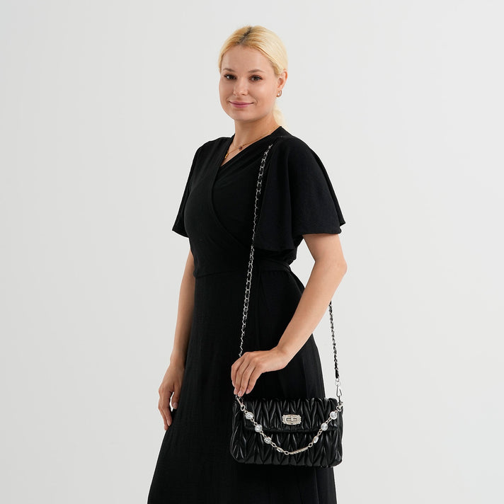 Women's Ruched-Gathered Texture Shoulder Bag with Chain Detail - Black 8535726 2