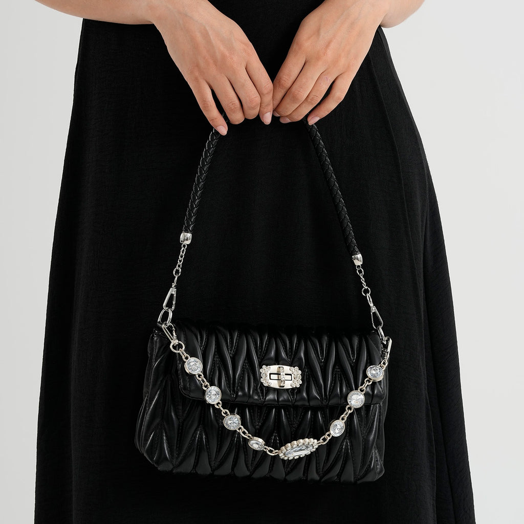 Women's Ruched-Gathered Texture Shoulder Bag with Chain Detail - Black_8535726_2