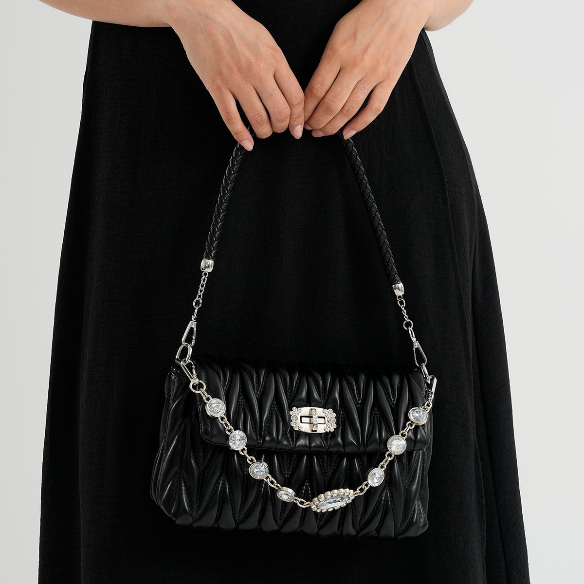 Women's Ruched-Gathered Texture Shoulder Bag with Chain Detail - Black 8535726 3