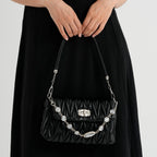 Women's Ruched-Gathered Texture Shoulder Bag with Chain Detail - Black_8535726_2