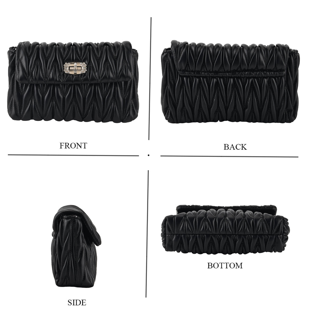 Women's Ruched-Gathered Texture Shoulder Bag with Chain Detail - Black_8535726_3