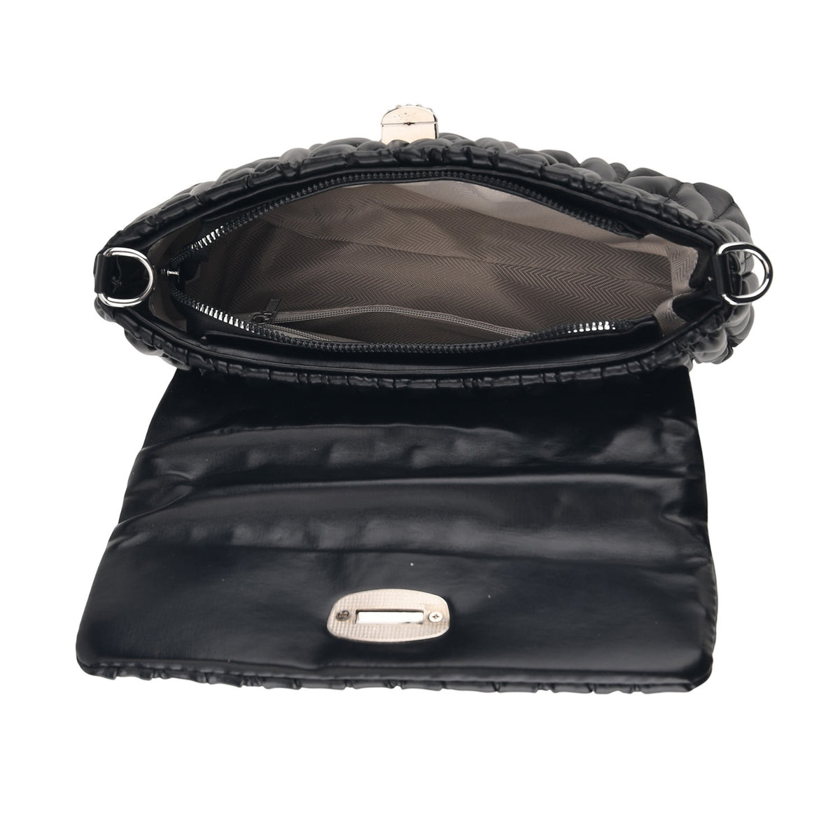 Women's Ruched-Gathered Texture Shoulder Bag with Chain Detail - Black 8535726 5