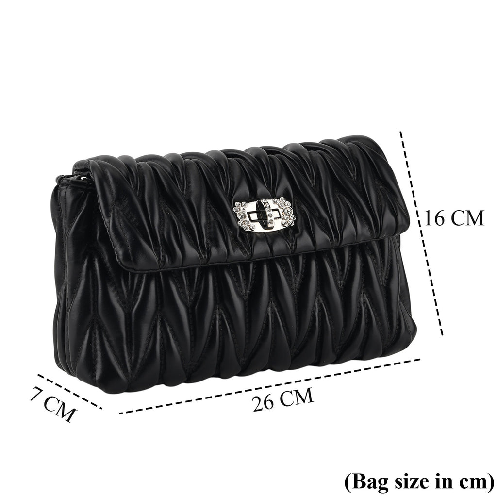 Women's Ruched-Gathered Texture Shoulder Bag with Chain Detail - Black_8535726_6
