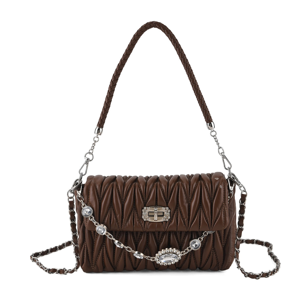 Women's Ruched-Gathered Texture Shoulder Bag with Chain Detail - Dark Brown V32669482 0